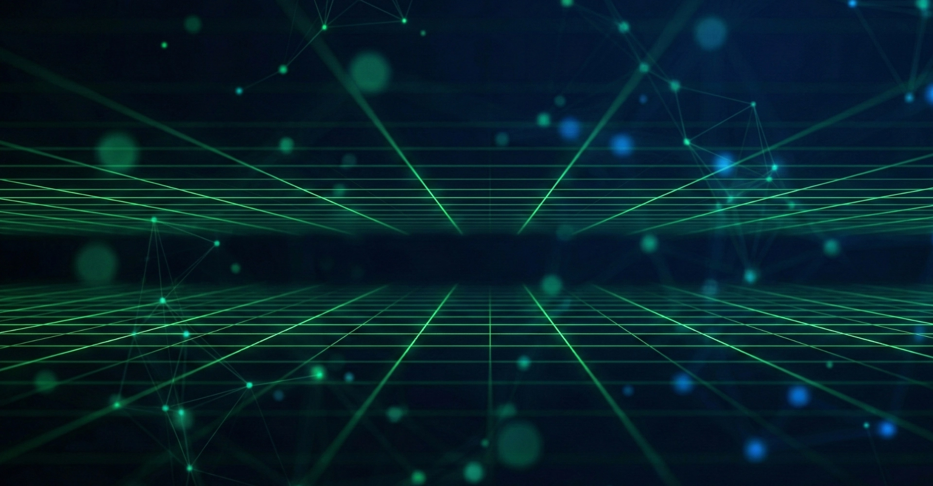 Fondo tecnológico con cuadrícula digital y nodos conectados en tonos verdes y azules